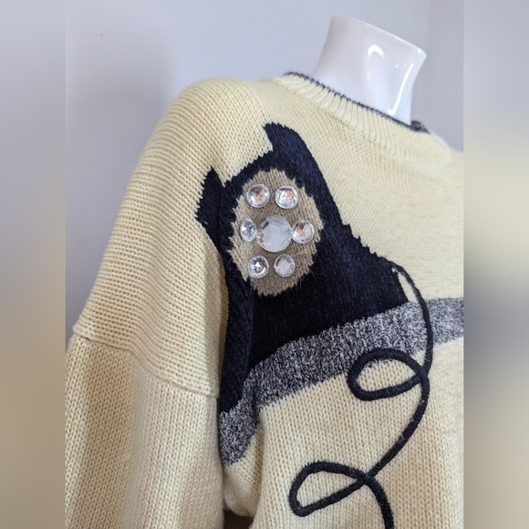 Vintage René Derhy Cat Sweater M Cream Wool Blend Knit 80s 90s France Novelty Ki - Picture 4 of 10